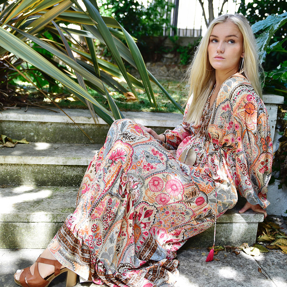Tuuli, Cream, Orange, Pink & Brown Floral Viscose Long Sleeve Dress