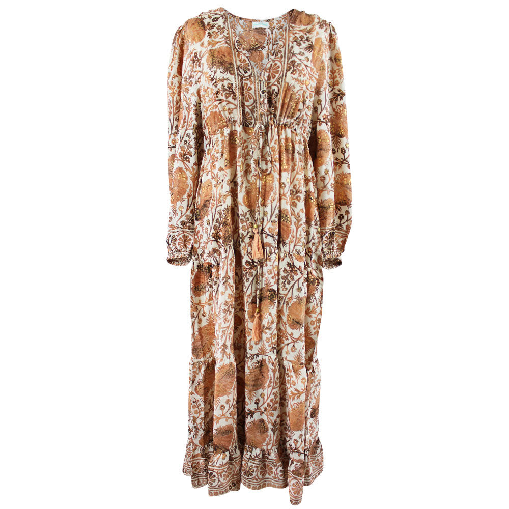Danica, Cream, Terracotta & Gold Floral Viscose Long Sleeve Dress