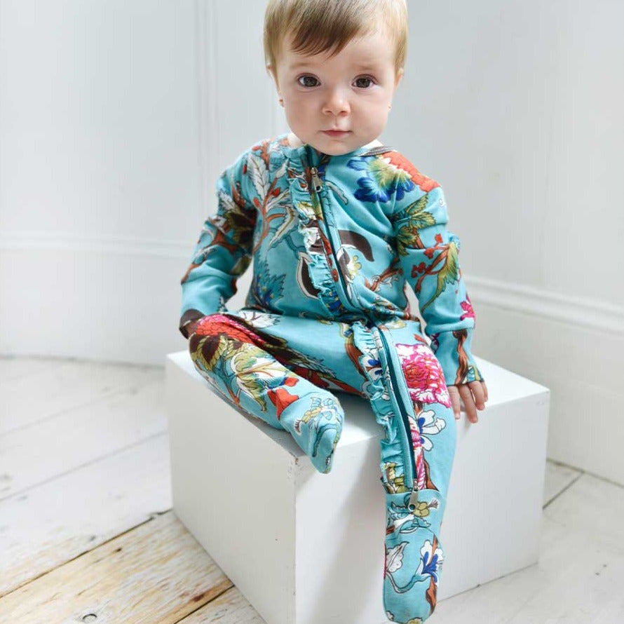 Teal Exotic Flower Jumpsuit With Zip