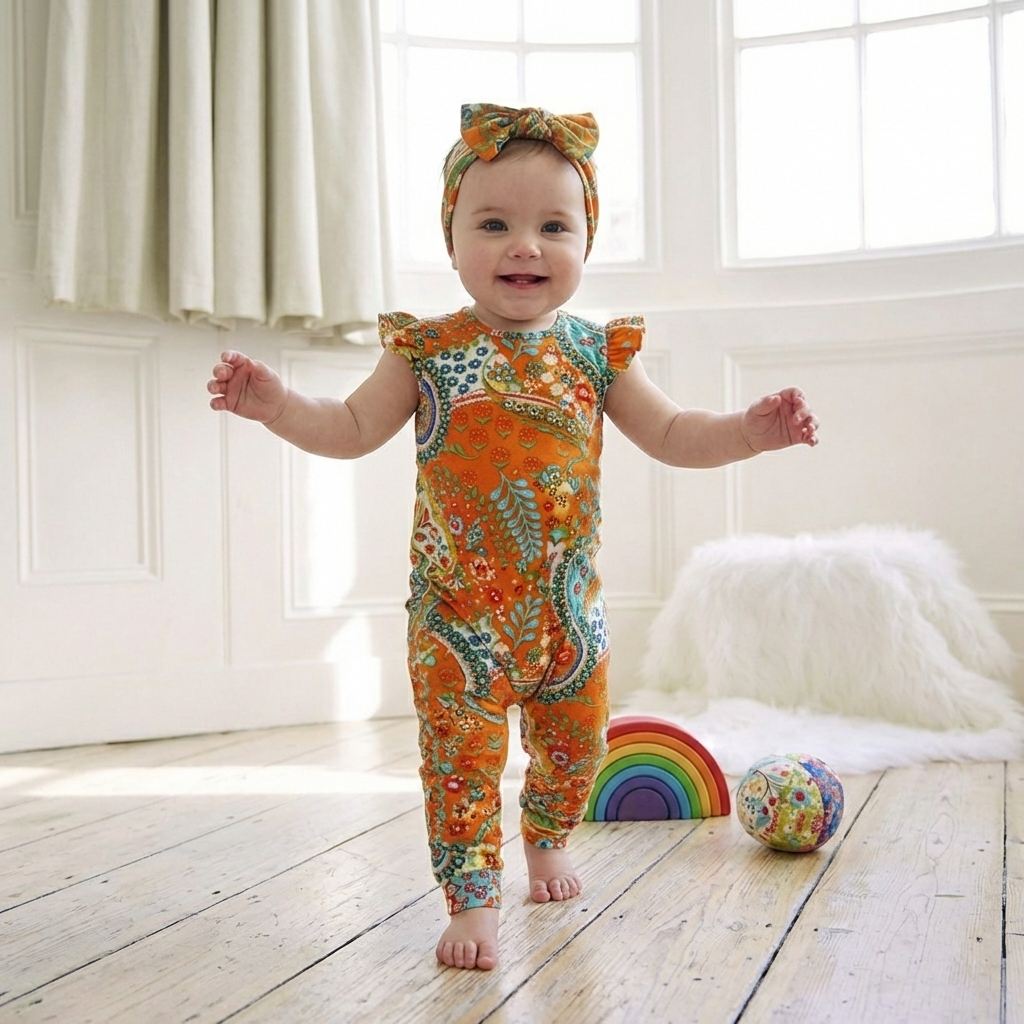 Orange Paisley Short Sleeve Jumpsuit