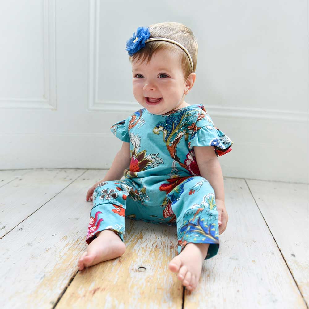 Teal Exotic Flower Short Sleeve Jumpsuit