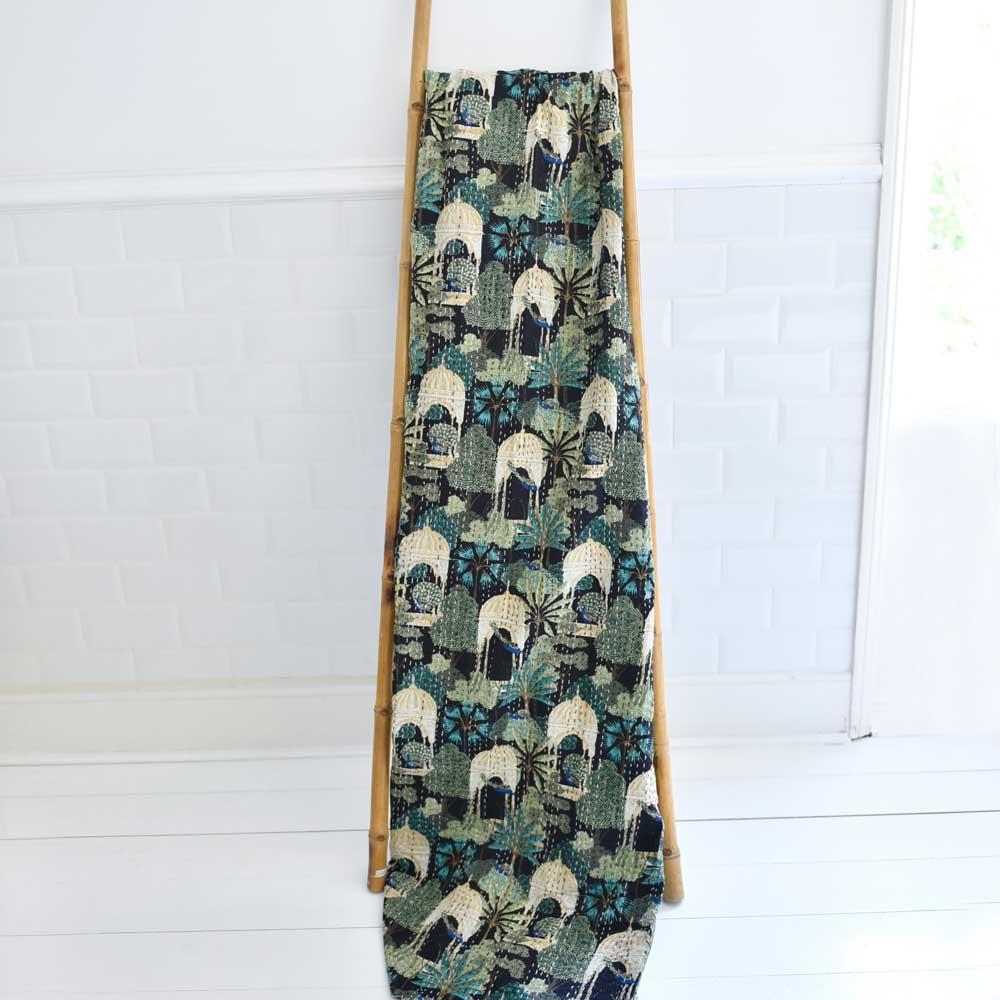Pagoda Garden Print Cotton Kantha Throw