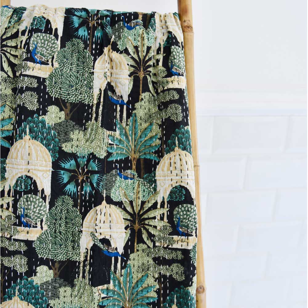 Pagoda Garden Print Cotton Kantha Throw