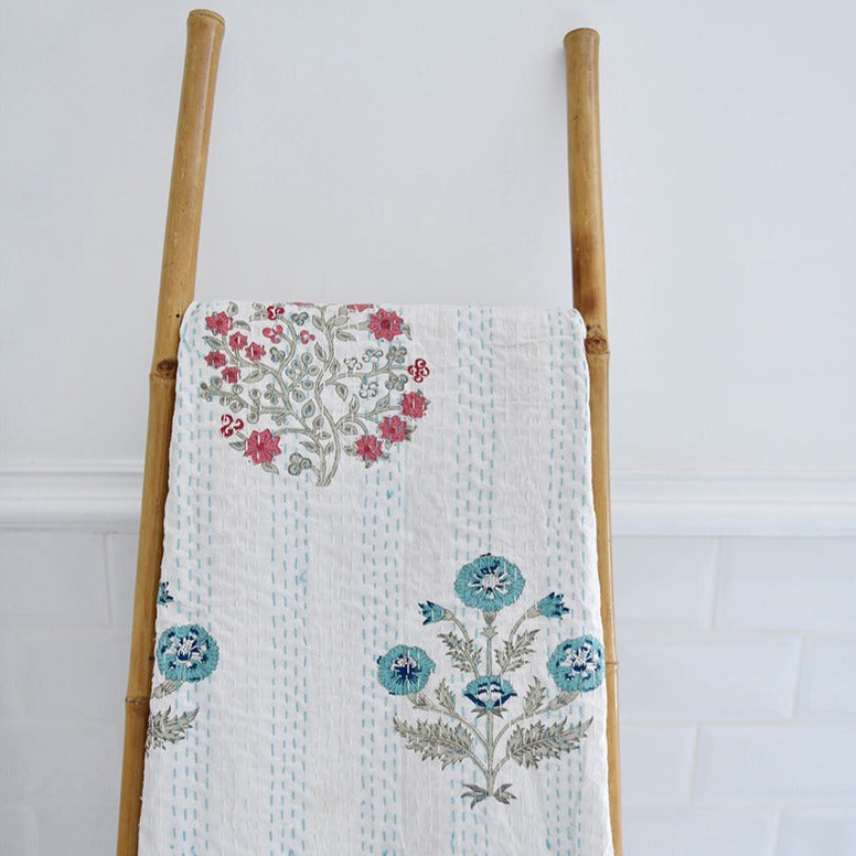 Blue & Pink Floral Block Print Kantha Throw