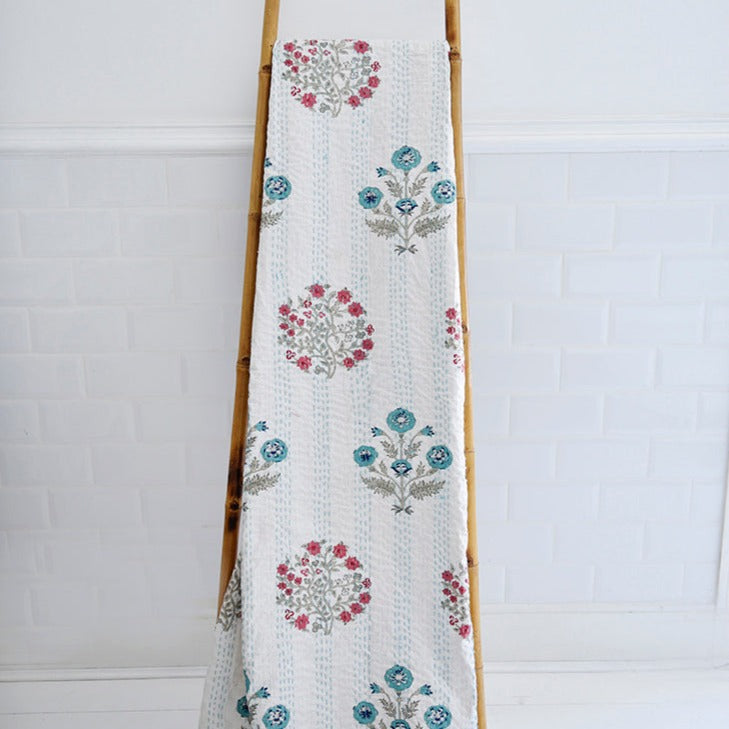 Blue & Pink Floral Block Print Kantha Throw