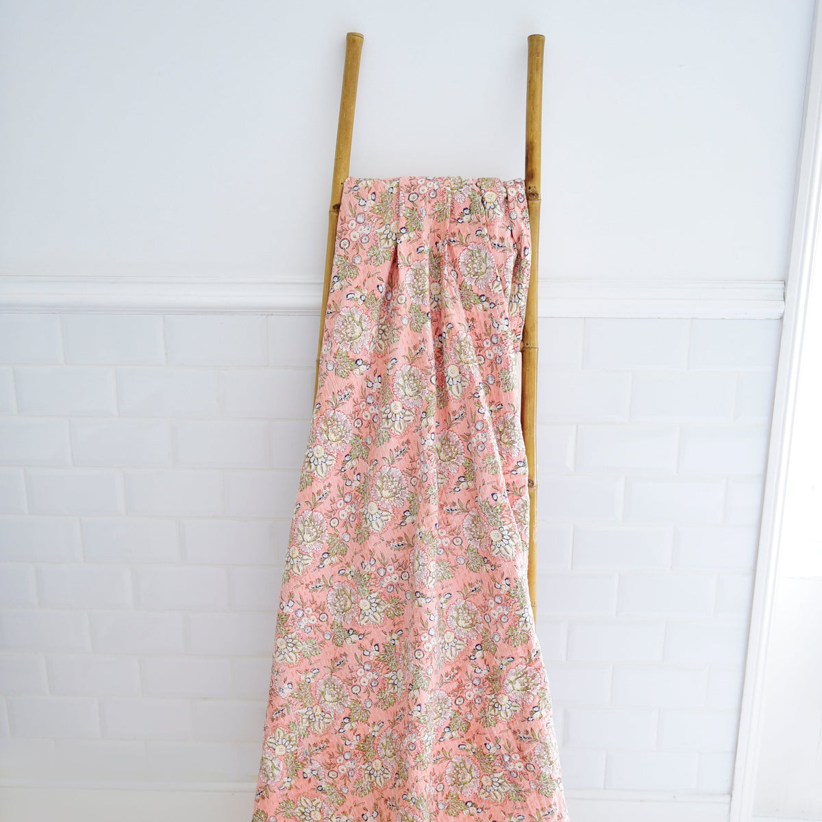 Peach & Green Floral Print Kantha Throw