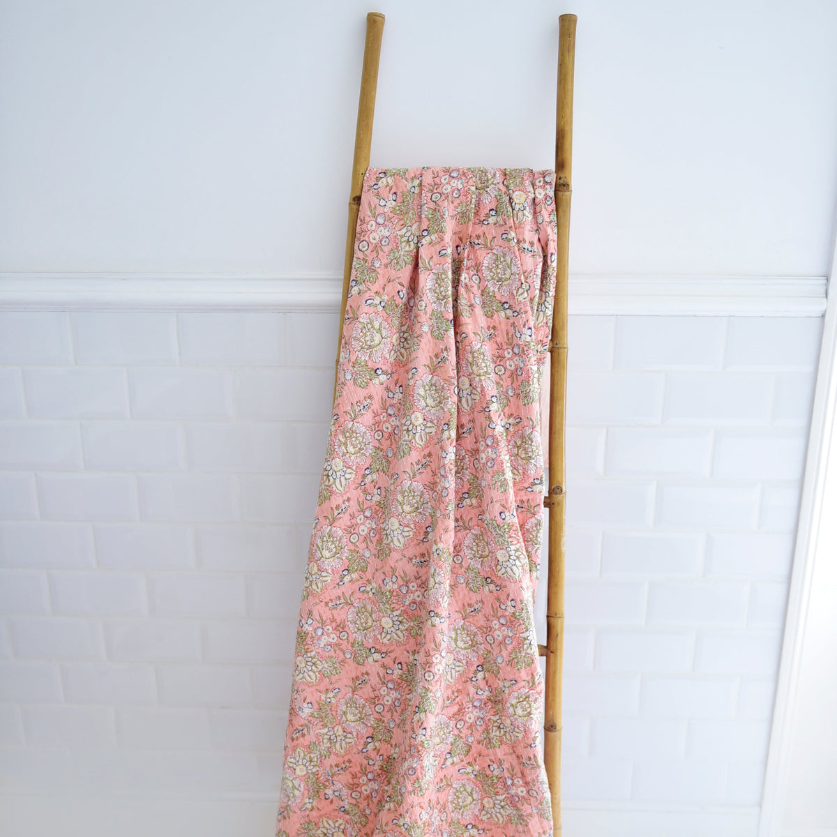 Peach & Green Floral Print Kantha Throw