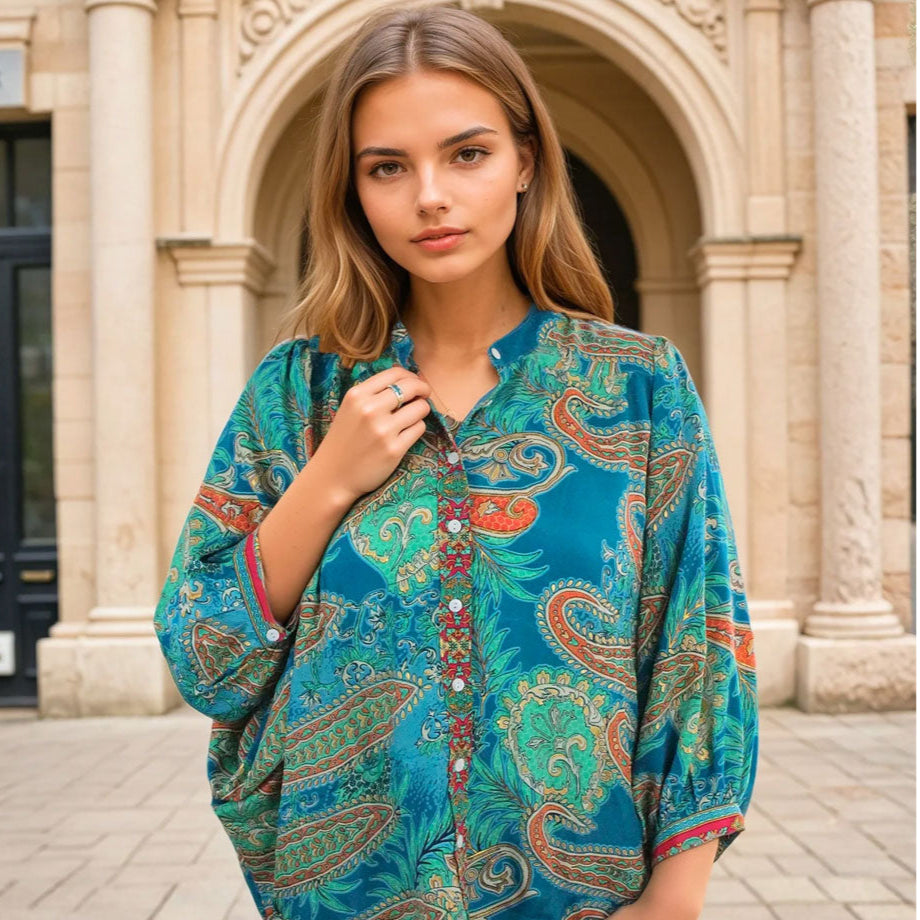 Turquoise, Orange & Pink Viscose Button Down Shirt