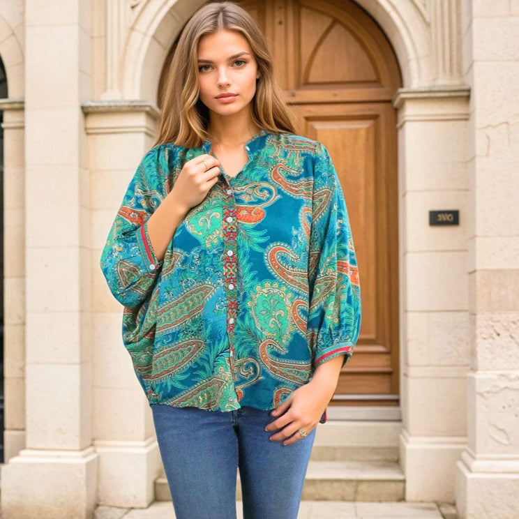 Turquoise, Orange & Pink Viscose Button Down Shirt