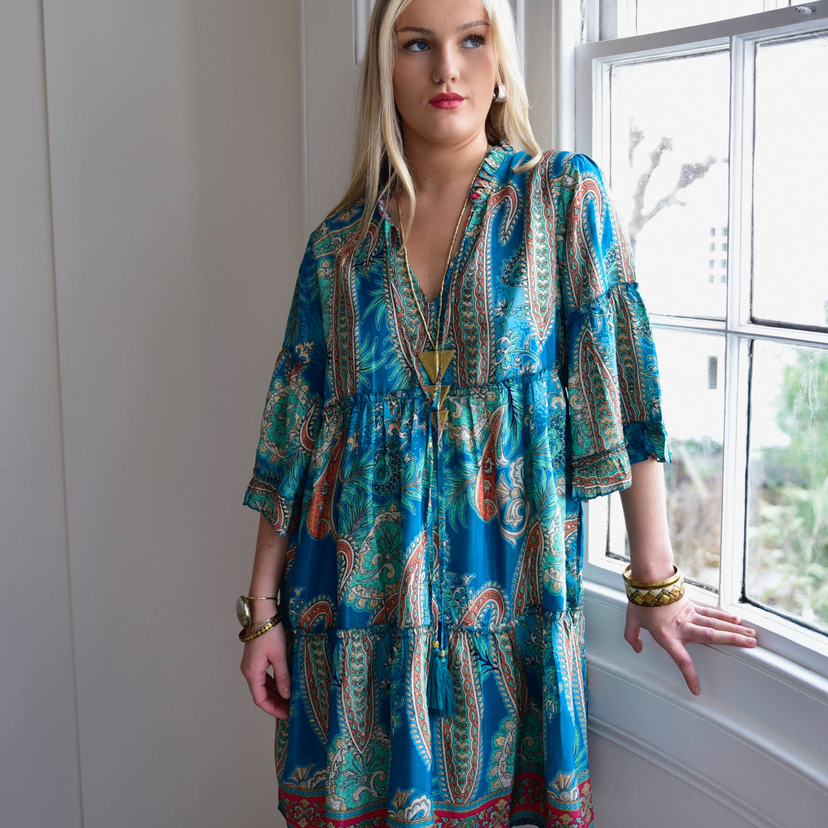 Arna, Turquoise, Orange & Pink Print Viscose Short Tiered Dress With 3/4 Length Sleeves