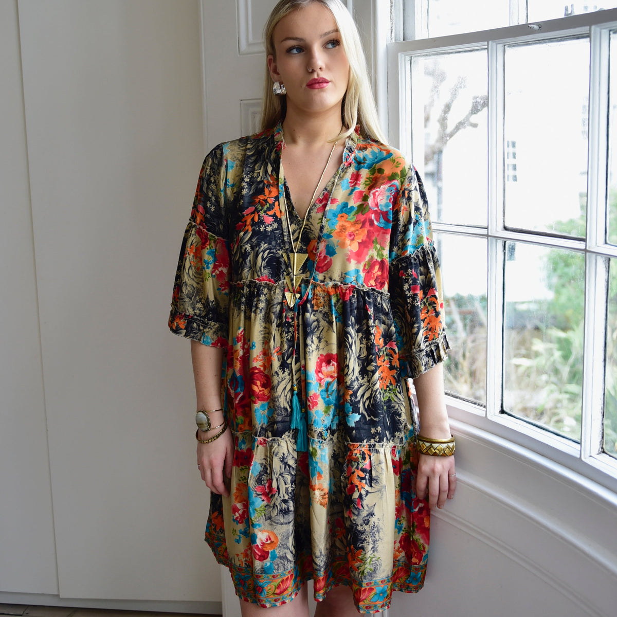 Cari, Colourful Floral Print Viscose Short Tiered Dress With 3/4 Length Sleeves