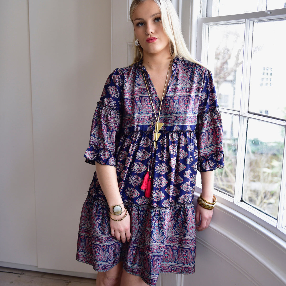 Narelle, Navy Blue Paisley Print Viscose Short Tiered Dress With 3/4 Length Sleeve