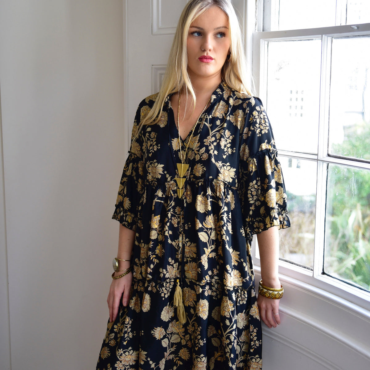 Brenn, Black & Gold Floral Print Viscose Short Tiered Dress With 3/4 Length Sleeves
