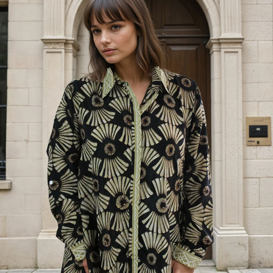 Coco, Black & Gold Fan Print Viscose Shirt Dress