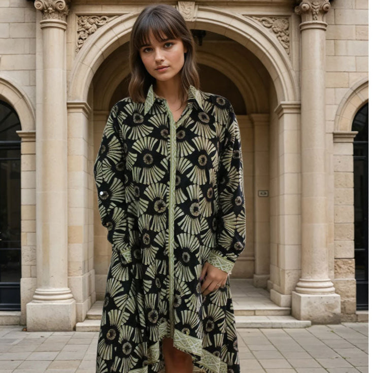 Coco, Black & Gold Fan Print Viscose Shirt Dress