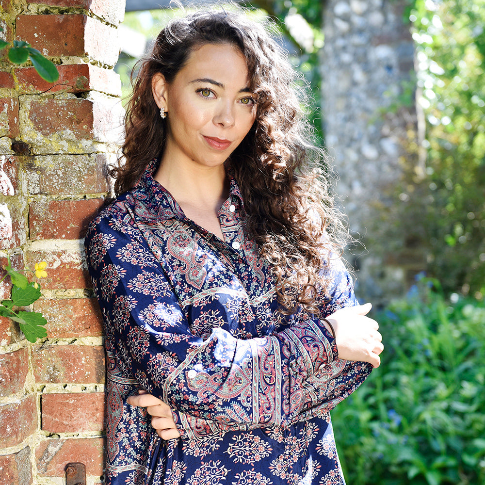 Sasha - Navy Blue & Coral Viscose Shirt Dress