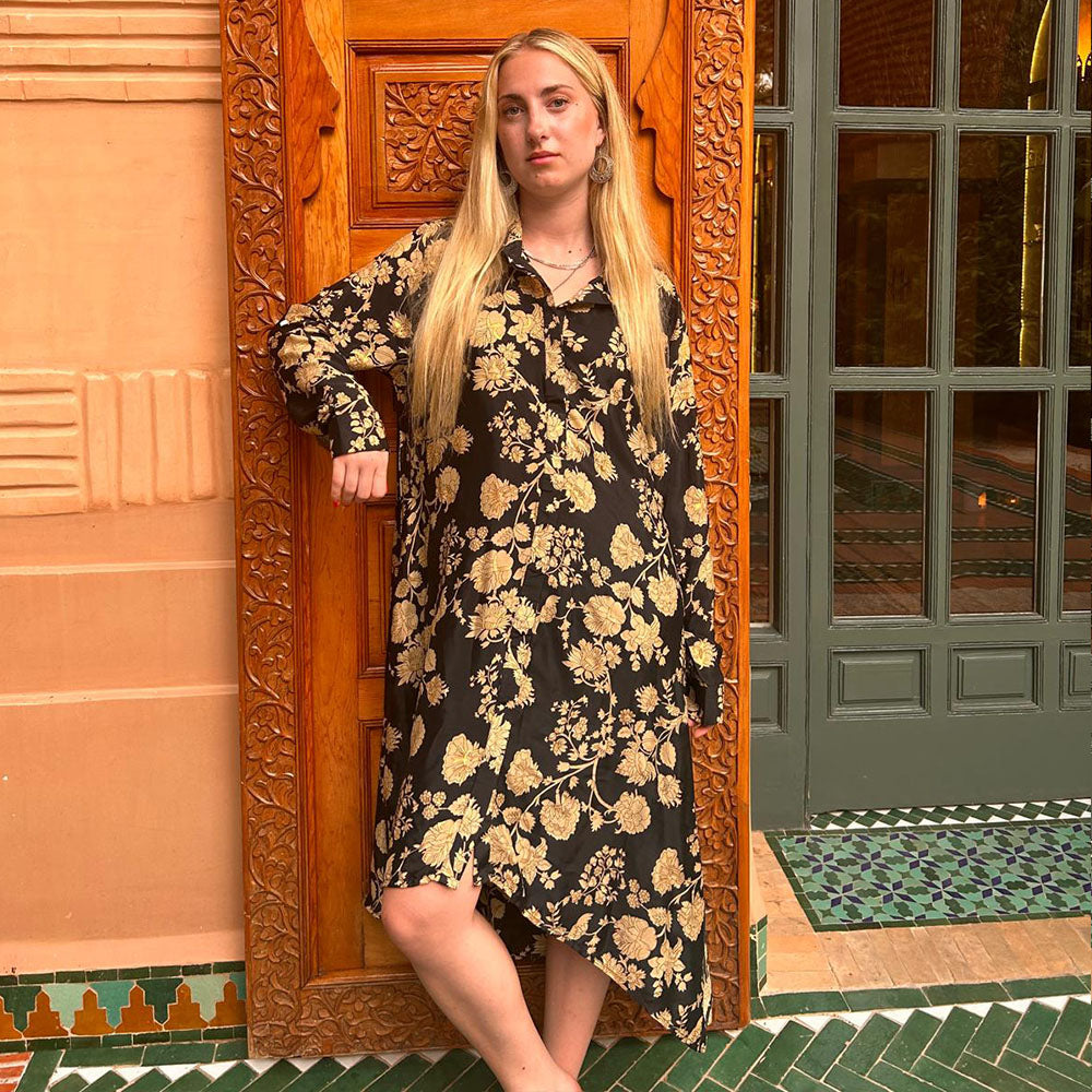 Kimber, Black & Gold Floral Viscose Shirt Dress Kimber, Black & Gold Floral Viscose Shirt Dress