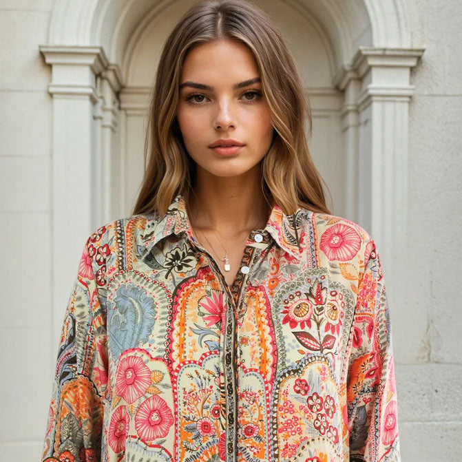 Elora, Cream, Orange, Pink & Brown Floral Print Viscose Shirt Dress