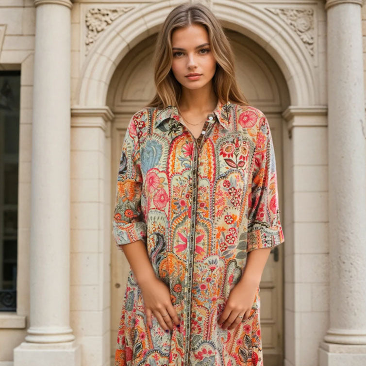 Elora, Cream, Orange, Pink & Brown Floral Print Viscose Shirt Dress