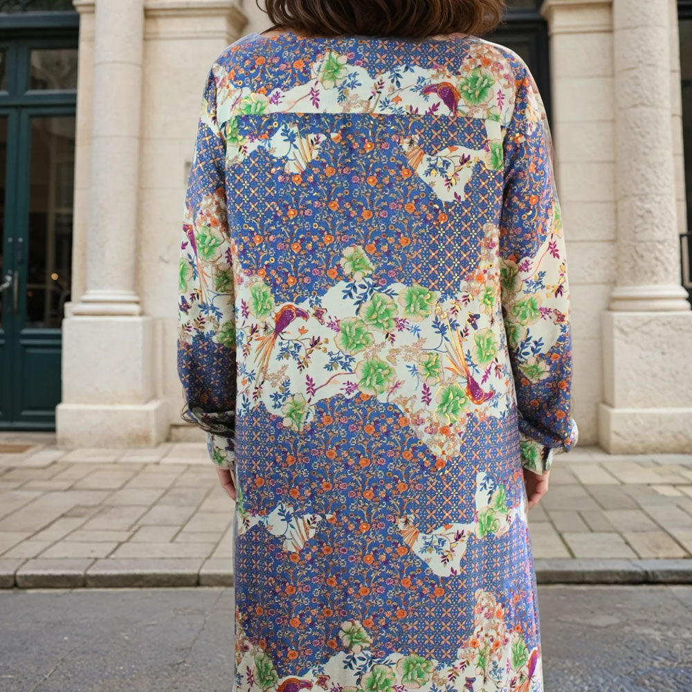 Dawn, Blue, Orange, Cream & Purple Mixed Floral Print Viscose Shirt Dress