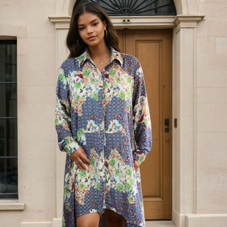 Dawn, Blue, Orange, Cream & Purple Mixed Floral Print Viscose Shirt Dress