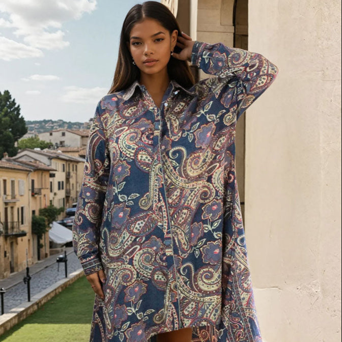 Flora, Blue Grey, Coral & Cream Floral Paisley Print Viscose Shirt Dress