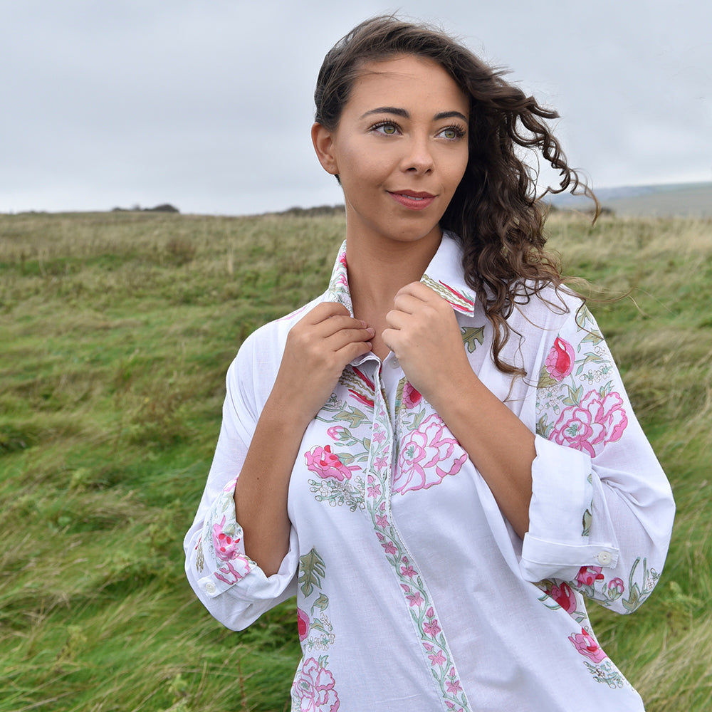 Natalia - Pink & Mint Floral Block Print Shirt Dress
