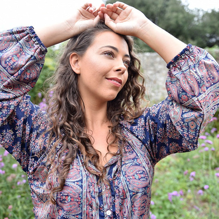Navy Blue & Coral Viscose Button Down Shirt