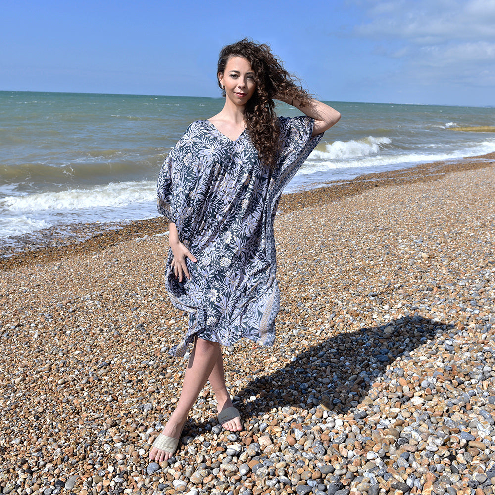 Jessa - Black, Grey & Gold Floral V Neck Viscose Kaftan