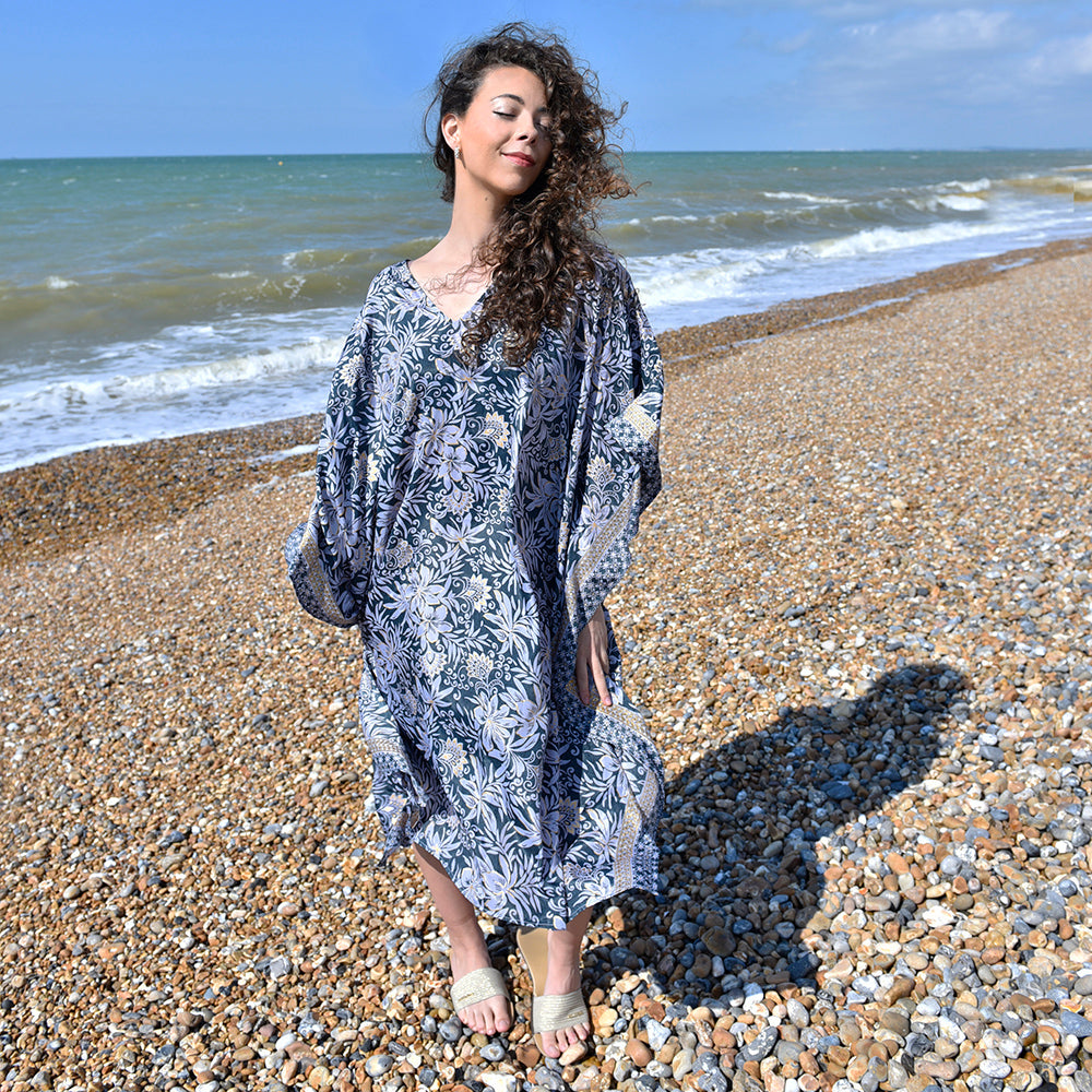 Jessa - Black, Grey & Gold Floral V Neck Viscose Kaftan