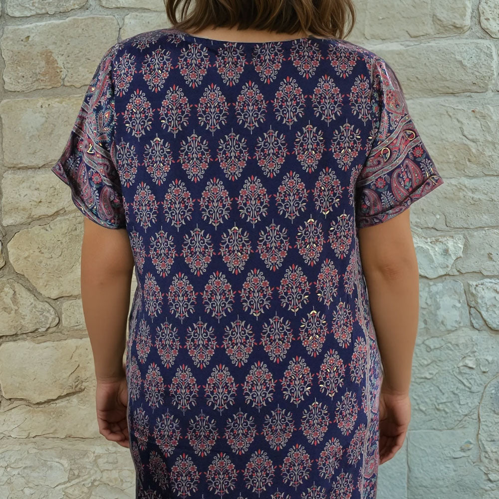 Navy Blue & Coral Dipped Hem V Neck Viscose Long Shirt Dress