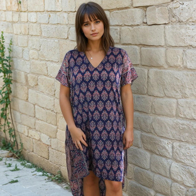 Navy Blue & Coral Dipped Hem V Neck Viscose Long Shirt Dress