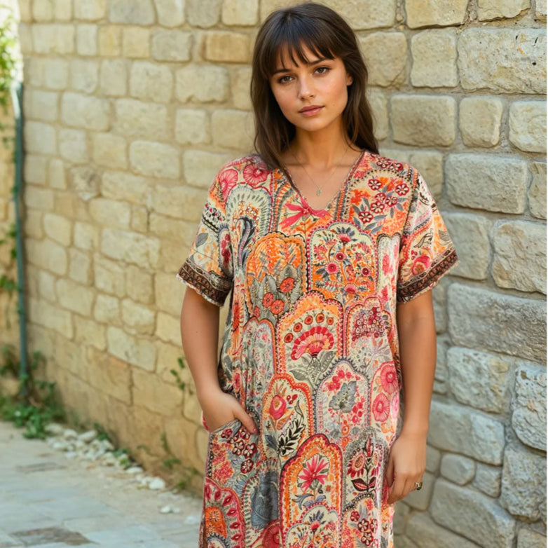 Cream, Orange, Pink & Brown Floral Print Dipped Hem V Neck Viscose Long Shirt