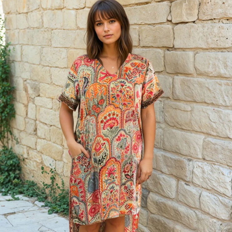 Cream, Orange, Pink & Brown Floral Print Dipped Hem V Neck Viscose Long Shirt