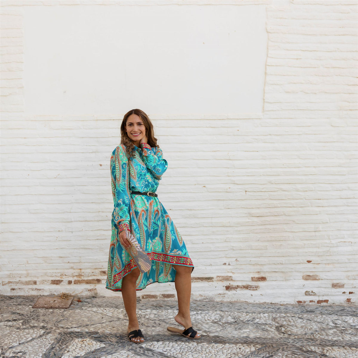 Ella - Turquoise, Orange & Pink Viscose Shirt Dress