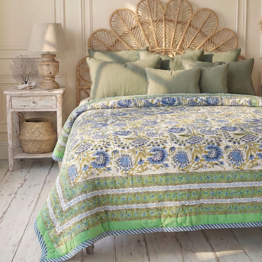 Green & Blue Floral Print Quilt/Throw Reversible Cotton Filled