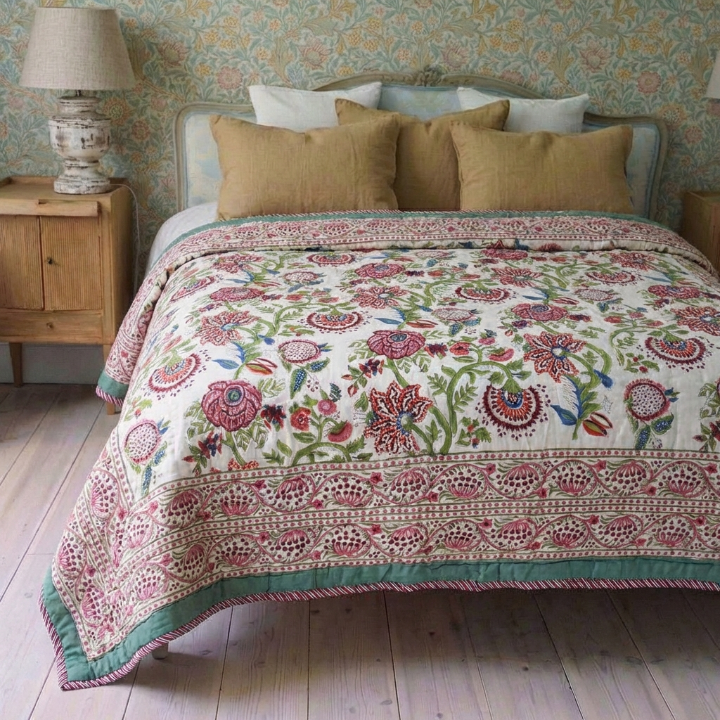 Turquoise, Burgundy & White Floral Print Reverse Quilt/Throw Cotton Filled