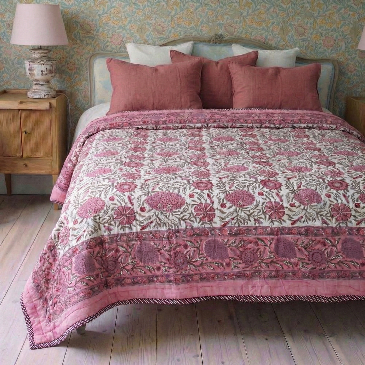 Dark Rose and Cream Floral Print Reverse Quilt/Throw Cotton Filled