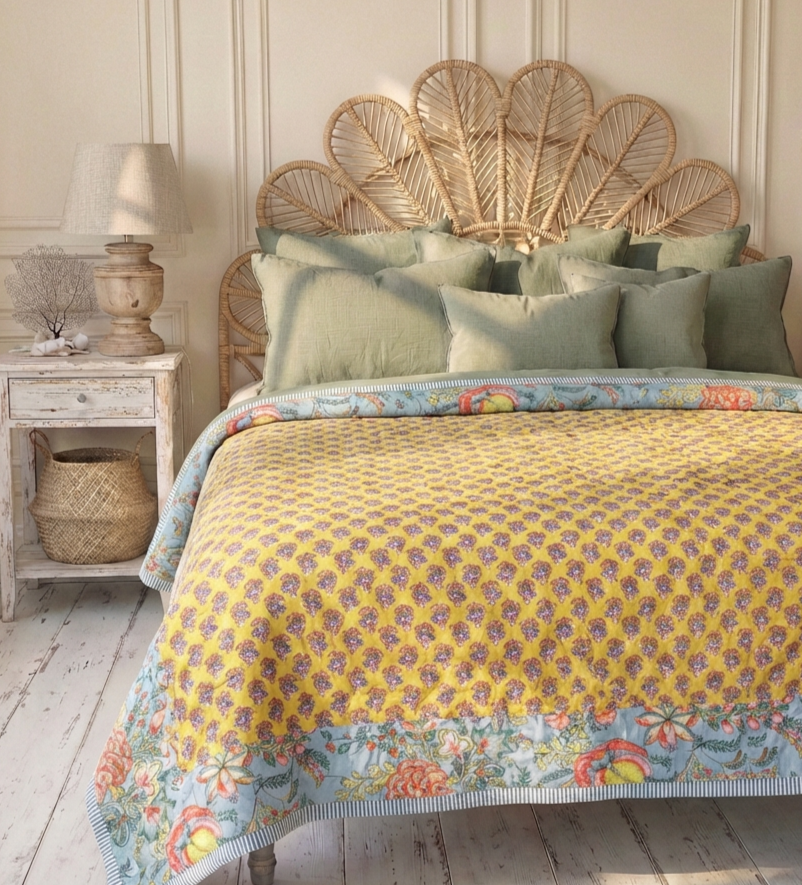 Grey, Coral & Mustard Floral Print Reverse Quilt/Throw Cotton Filled