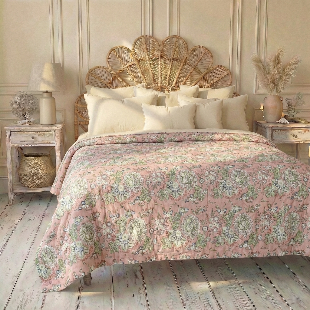 Peach And Green Floral Block Print Quilt/Throw