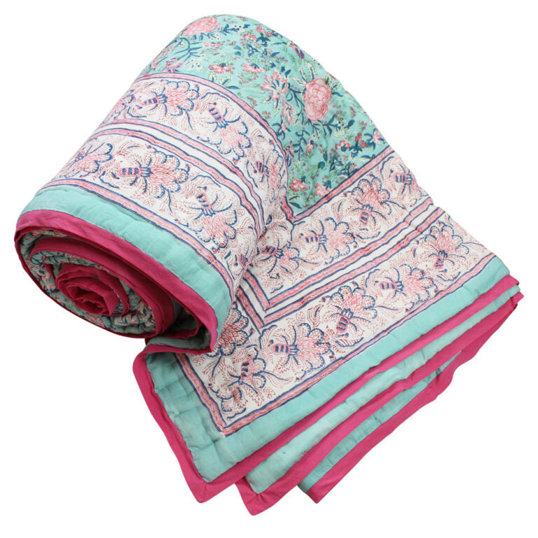 Pale Turquoise, Pink & Navy Floral Print Quilt/Throw Reversible