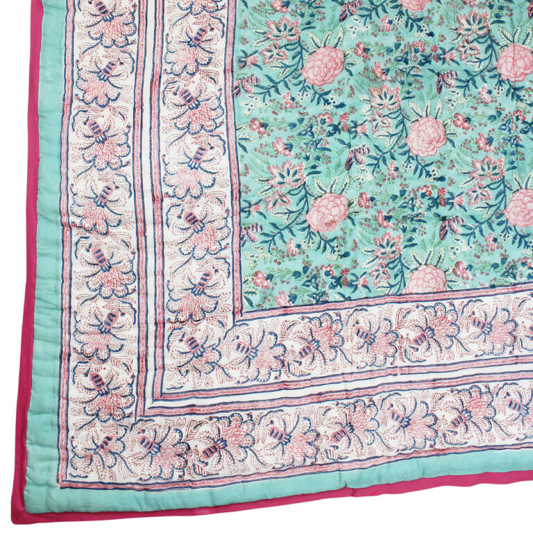 Pale Turquoise, Pink & Navy Floral Print Quilt/Throw Reversible