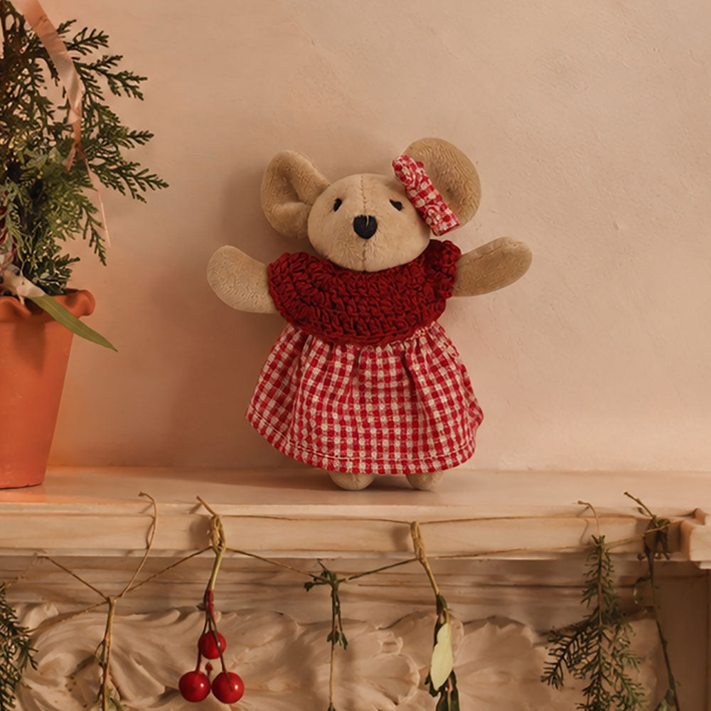 Mini Soft Teddy With Red Gingham Skirt & Hand Knitted Jumper
