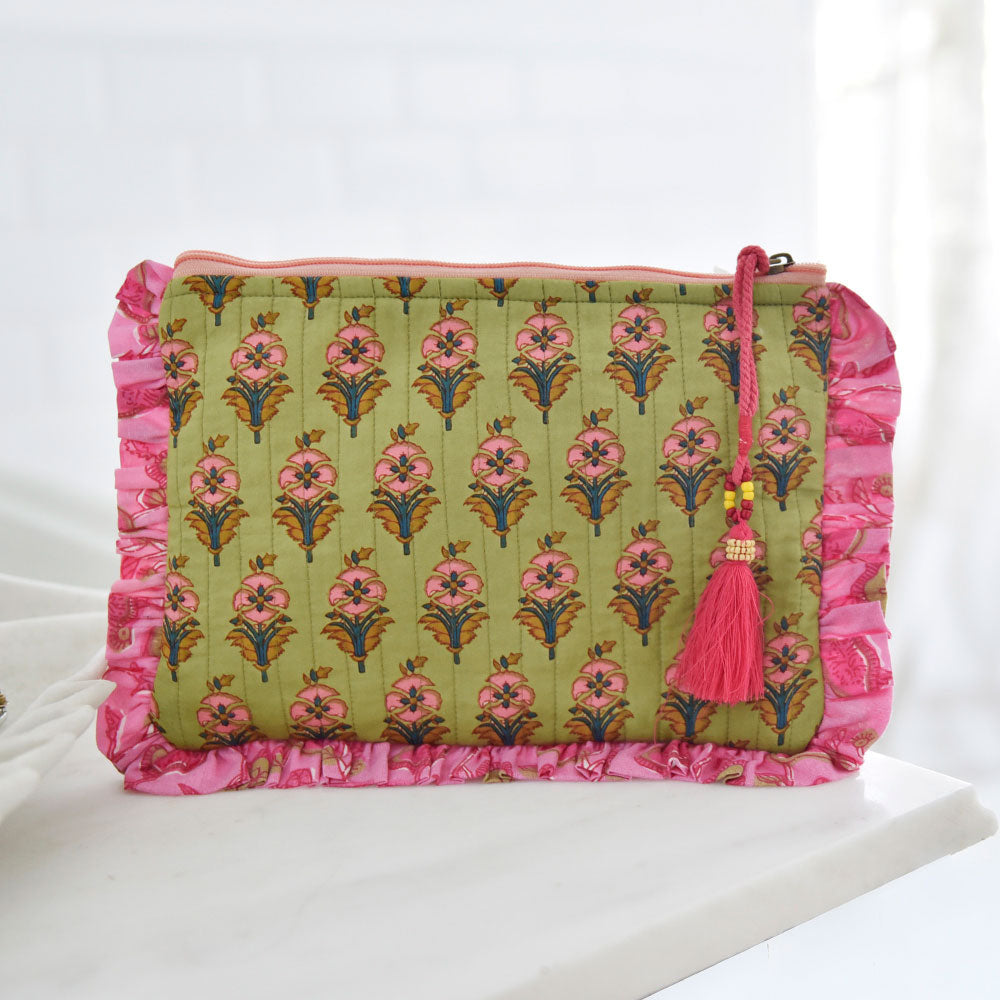 Green Quilted Make Up Bag With Pink Ruffle Trim