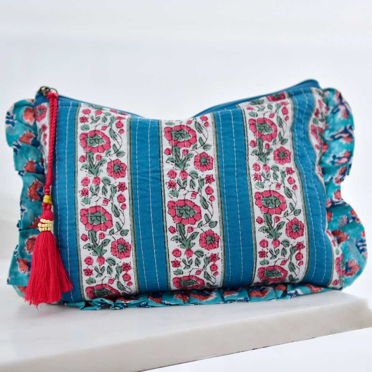 Inky Blue, Pink & Green Mixed Floral & Stripy Quilted Make Up Bag With Turquoise & Pink Ruffle Trim