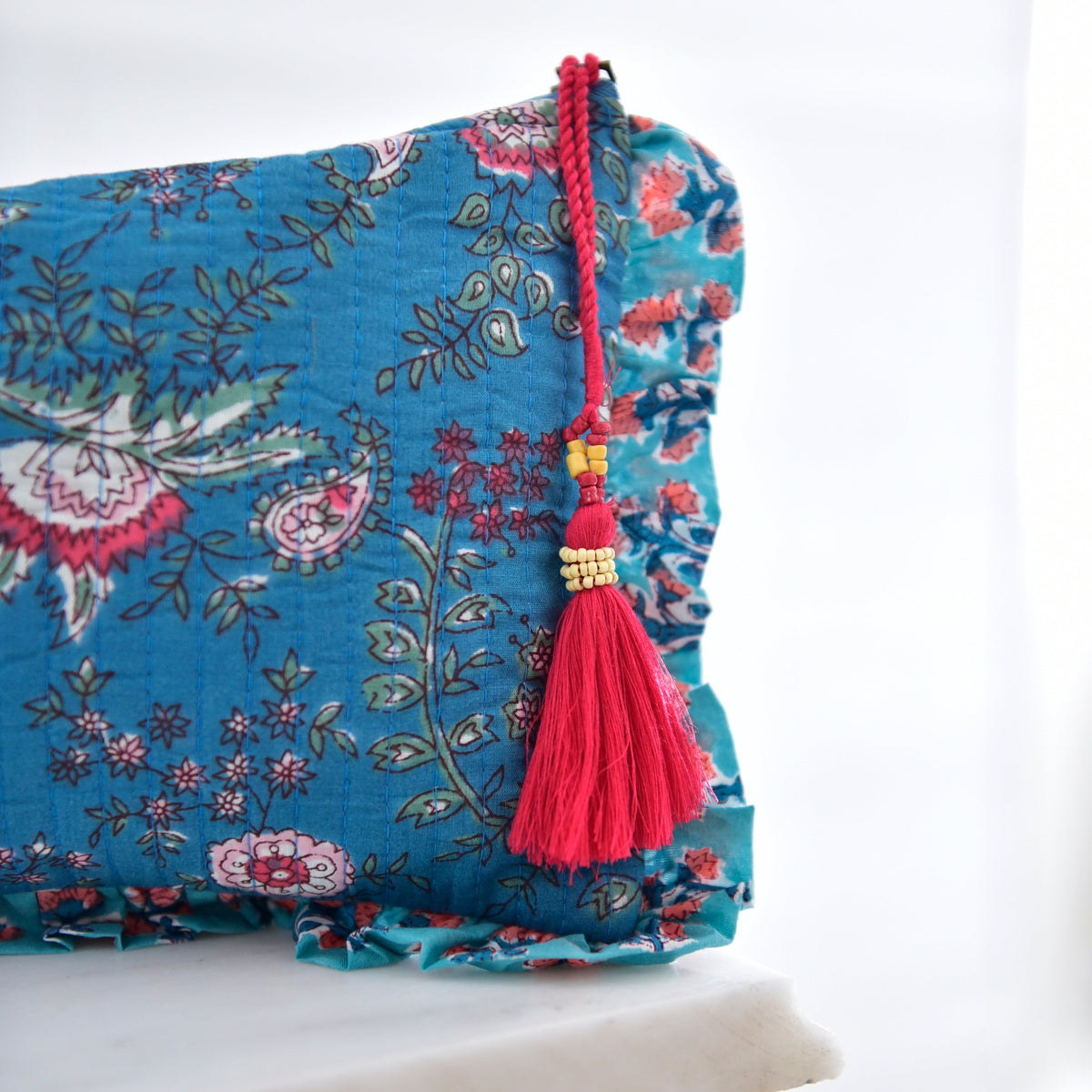 Inky Blue, Pink & Green Mixed Floral & Stripy Quilted Make Up Bag With Turquoise & Pink Ruffle Trim