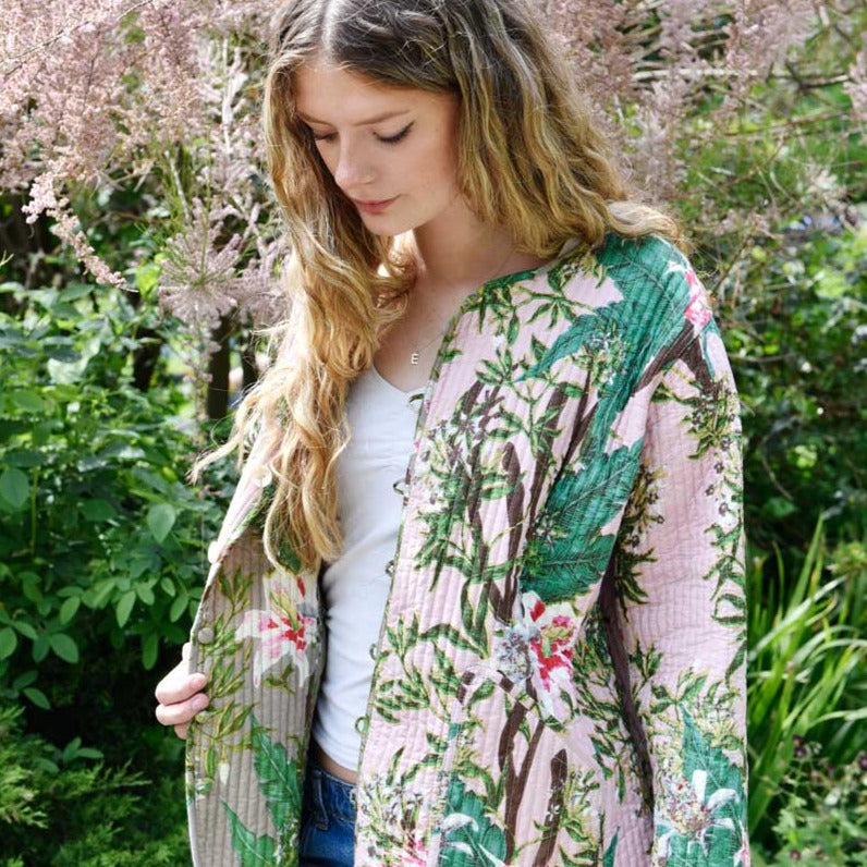 Grey Stargazer Lily/Pink Stargazer Lily Quilted Reversible Jacket