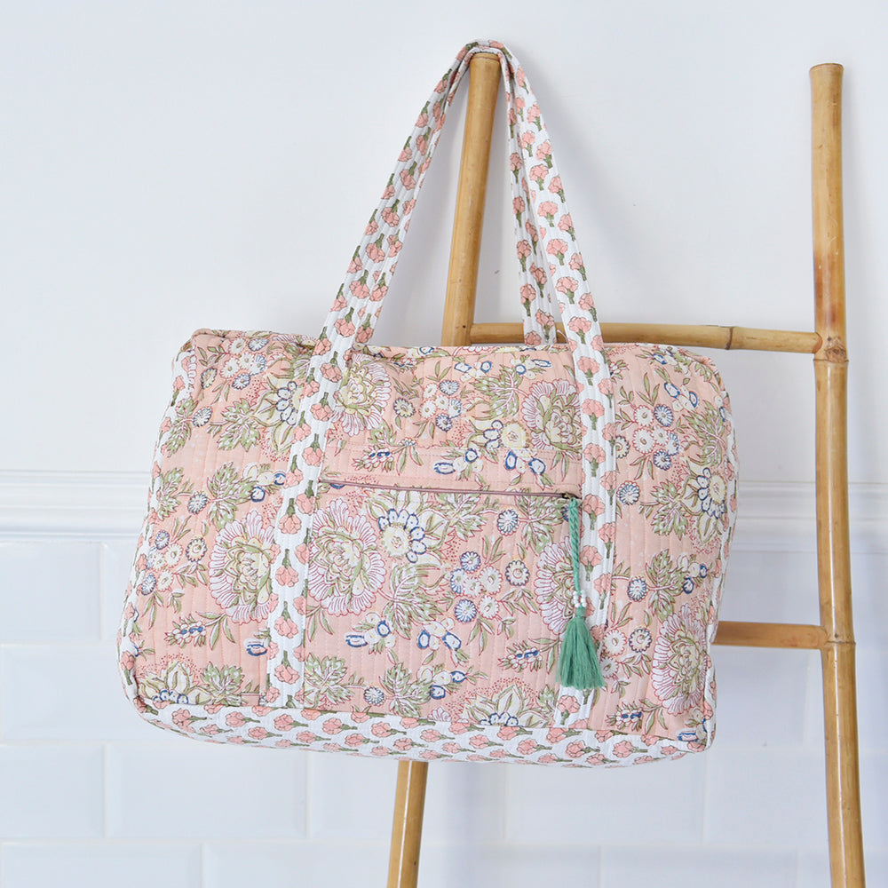 Peach & Green Quilted Tote bag With Zip Top