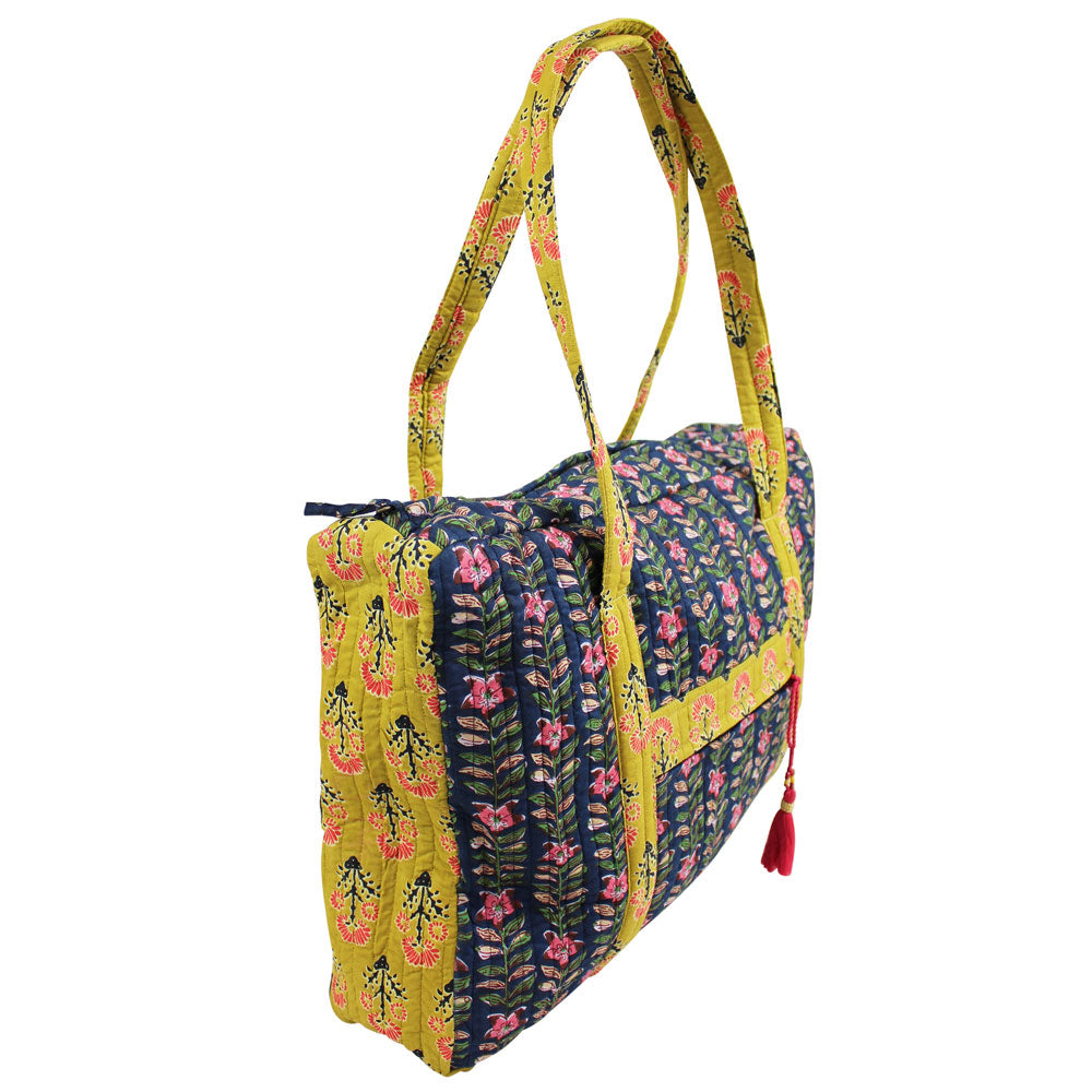 Navy Blue & Pink Lily Vertical Block Print Tote Bag With Zip