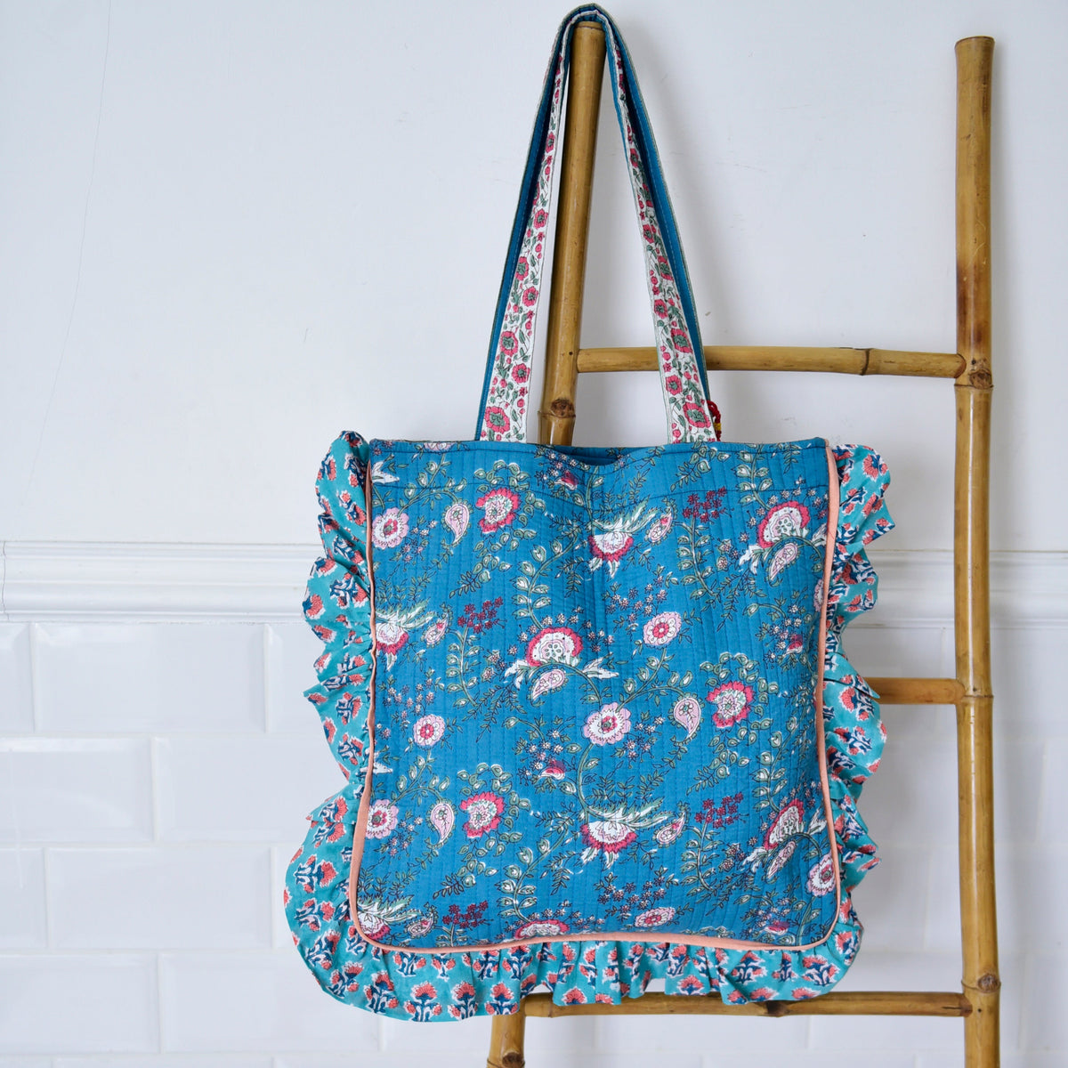 Inky Blue, Pink & Green Mixed Floral & Stripy Quilted Tote Bag With Turquoise & Pink Ruffle